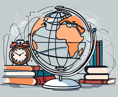 A globe surrounded by various educational tools like books