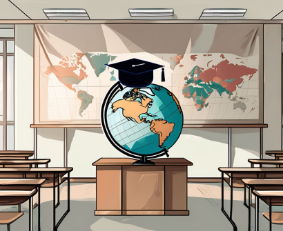 A classroom setting with a globe