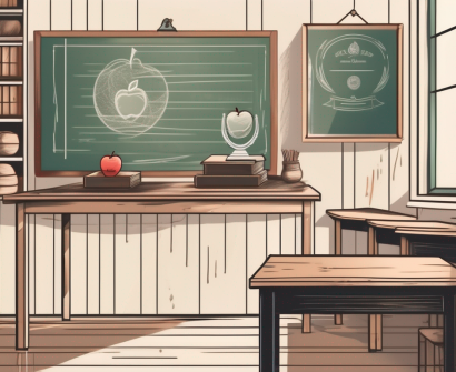 A traditional thai classroom with an aged apple on the teacher's desk
