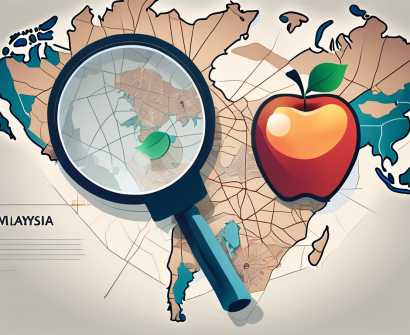 A magnifying glass hovering over a stylized map of malaysia