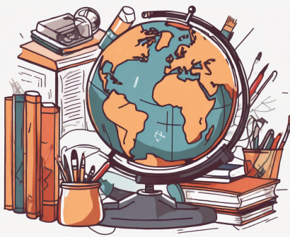 A globe surrounded by various educational tools such as books