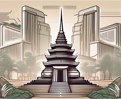 A stack of thai baht currency with iconic thai elements such as a temple or tuk-tuk in the background