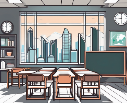 A classroom setting with a singapore skyline in the background