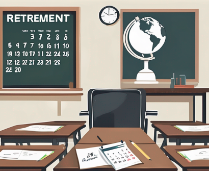 A classroom with an empty teacher's desk and chair