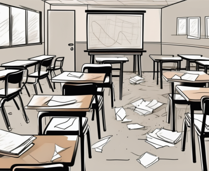 A classroom setting in disarray