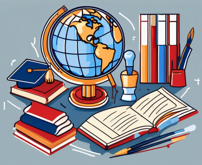 A globe surrounded by various educational tools like books