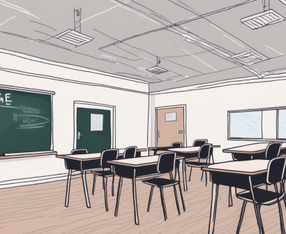 A classroom setting with a chalkboard displaying the acronyms pgce and qts