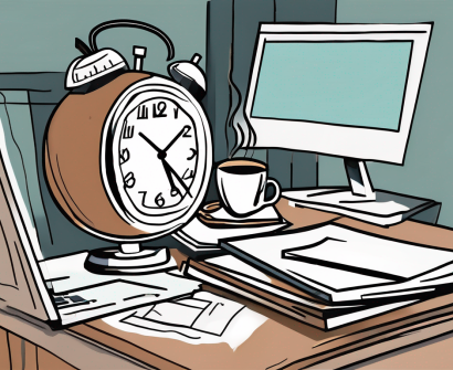 A cluttered teacher's desk with multiple stacks of papers
