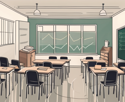 A classroom with empty desks and chairs
