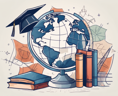 A globe surrounded by various educational symbols such as a graduation cap