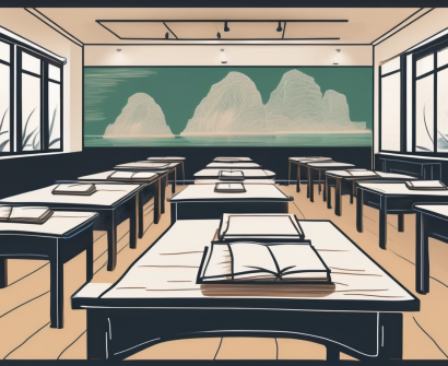 A classroom setting with a chalkboard