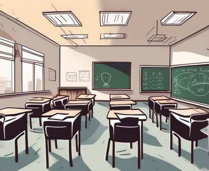 A classroom scene in dubai with empty teacher's desk and chairs