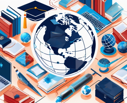A globe surrounded by various educational tools like books