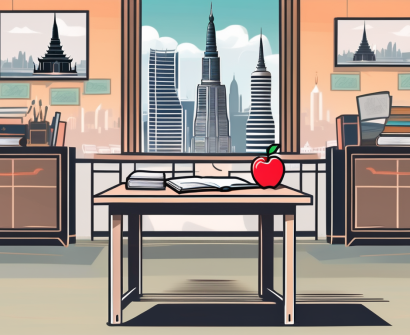 A thai classroom setting with a teacher's desk
