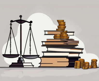 A heavy stack of books and papers tipping a scale against a small pile of coins