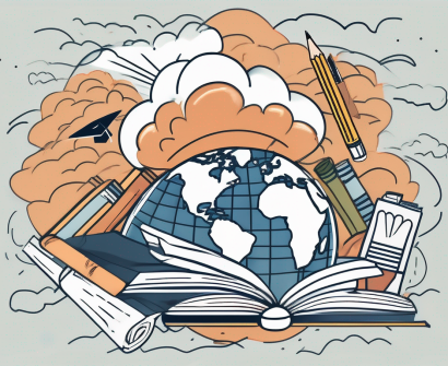 A globe with various school-related symbols such as a graduation cap