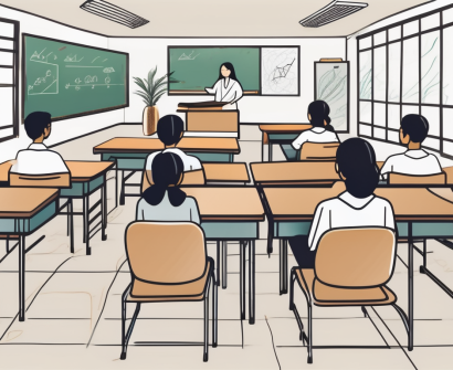 A well-organized classroom setting with thai cultural elements and visual representations of teaching tools