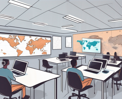 A modern international classroom filled with various technological devices like laptops