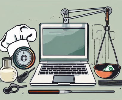 A balanced scale with vietnamese currency on one side and various work tools (like a laptop