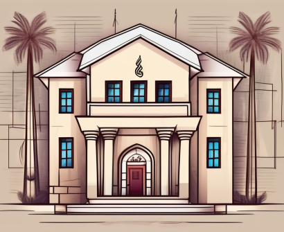 A traditional qatari schoolhouse with a tax form and a stylized representation of money
