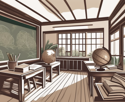 A traditional thai schoolhouse with surrounding tropical scenery