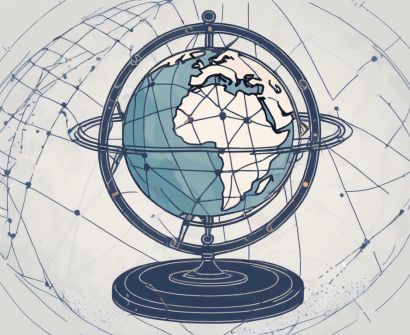 A globe with dotted lines connecting various countries
