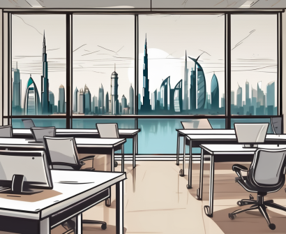 A modern classroom with international flags