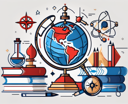 A globe with various academic symbols like books