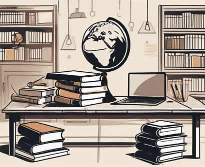 A classroom setting with various educational tools like books