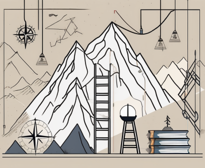 A classroom setting with various symbols representing challenges such as a steep mountain