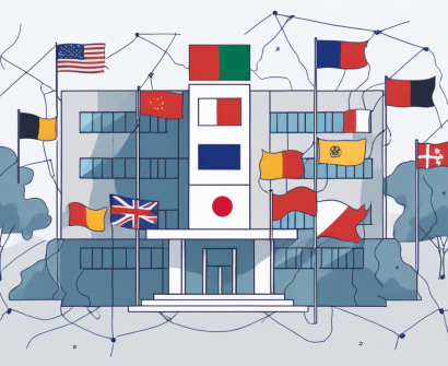 A school building with various international flags fluttering in the wind