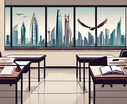 A classroom setting with an empty teacher's desk in the foreground