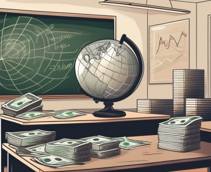 A classroom setting with a teacher's desk filled with saudi arabian currency