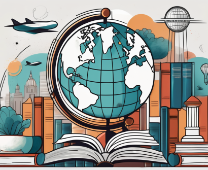A globe with various iconic landmarks