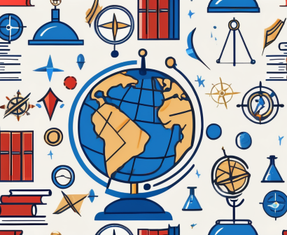 A globe with various academic symbols like graduation cap