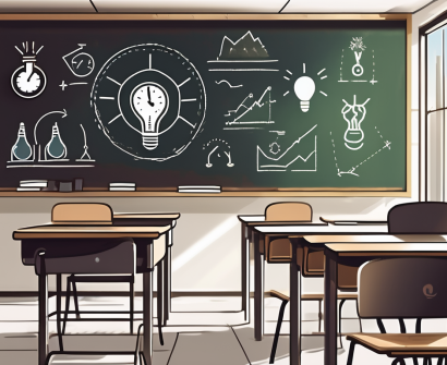 A classroom in dubai with a chalkboard displaying five different symbols representing innovative teaching techniques