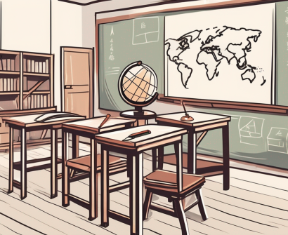 A classroom scene in china with teaching tools like a chalkboard