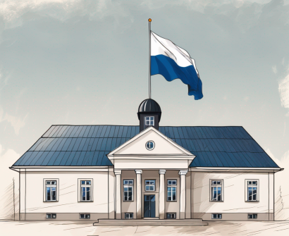 A traditional estonian school building with an international flag montage in the background