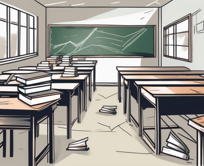 A classroom setting with visible obstacles like a broken chalkboard
