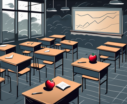 A classroom with empty desks and chairs