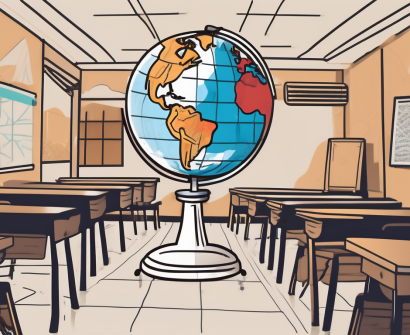 A virtual classroom setup with different cultural elements from around the world