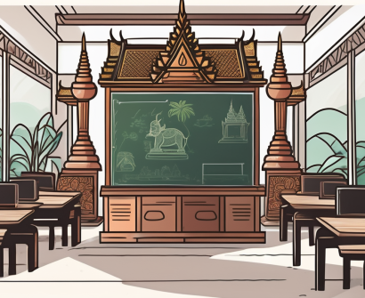 A typical vietnamese classroom setting with a chalkboard