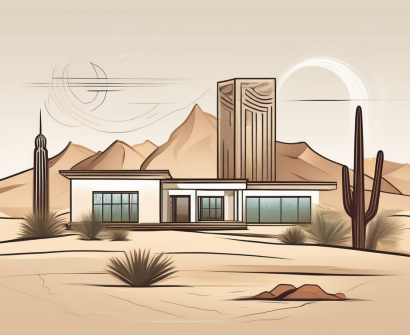 A desert landscape with modern buildings in the background
