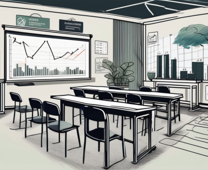 A classroom setting in singapore with a chalkboard displaying various financial graphs and charts