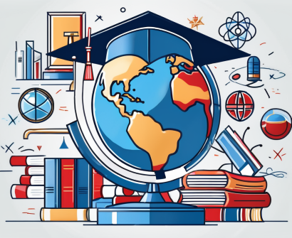 A globe with various iconic educational symbols such as books