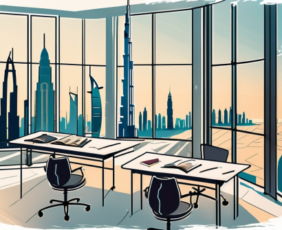 A modern classroom with a view of the dubai skyline in the background
