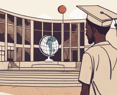 An international school building in ethiopia with a globe and a teacher's cap on the foreground