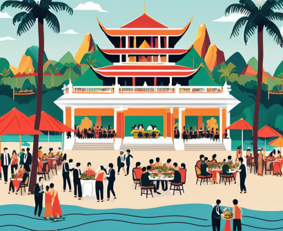 A festive scene with six different venues representing various social events