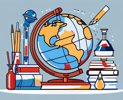 A globe surrounded by various educational symbols like books