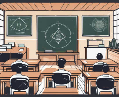 A classroom setting in thailand with a chalkboard displaying five distinct symbols representing different teaching techniques